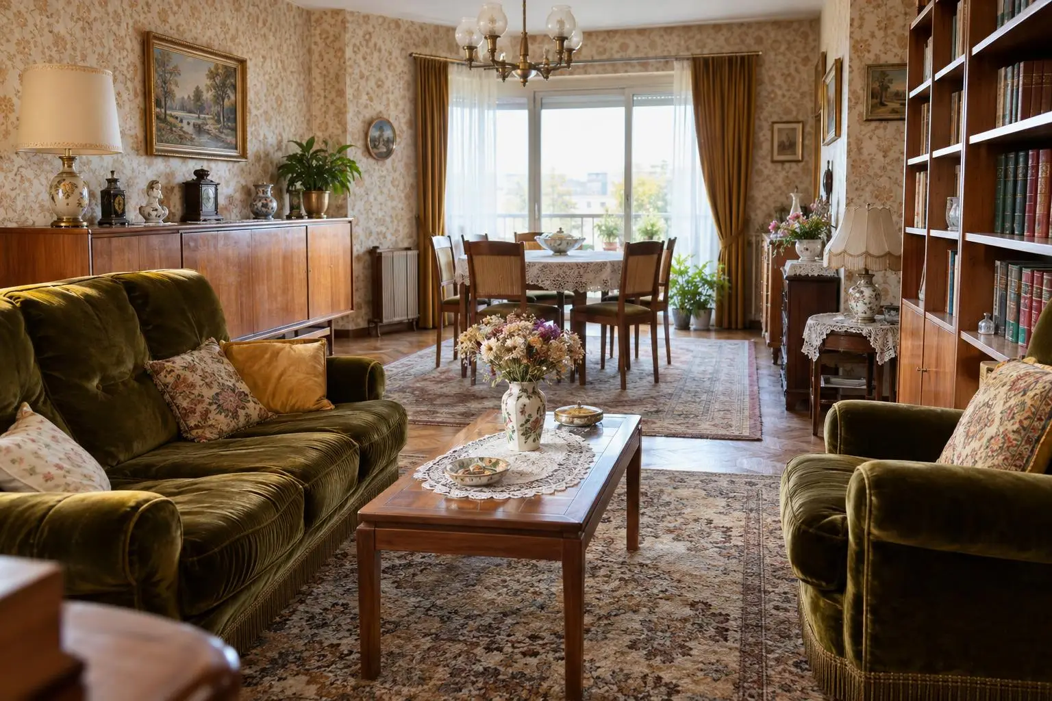 Salon d'appartement des années 1970 encore meublé, à vider