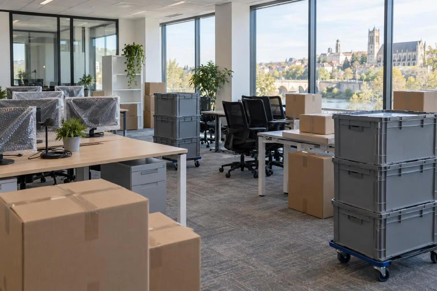 Bureaux en cours de déménagement, écrans emballés et caisses empilées