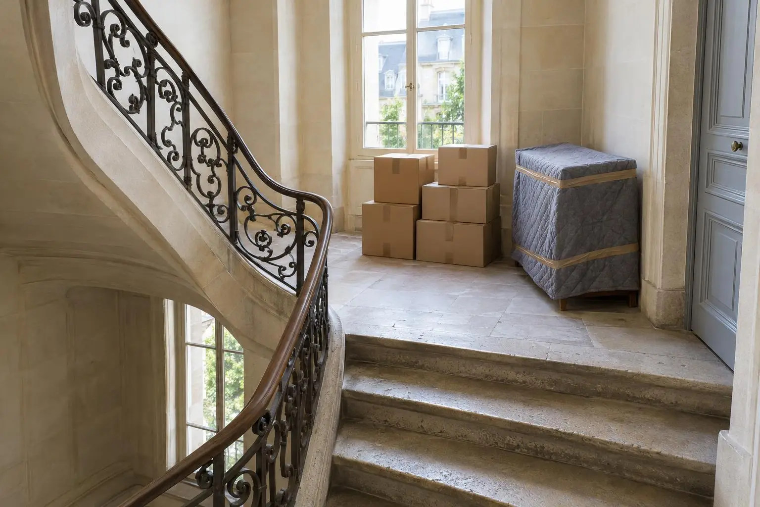 Cartons fermés et commode emballée sur le palier d'un escalier en pierre