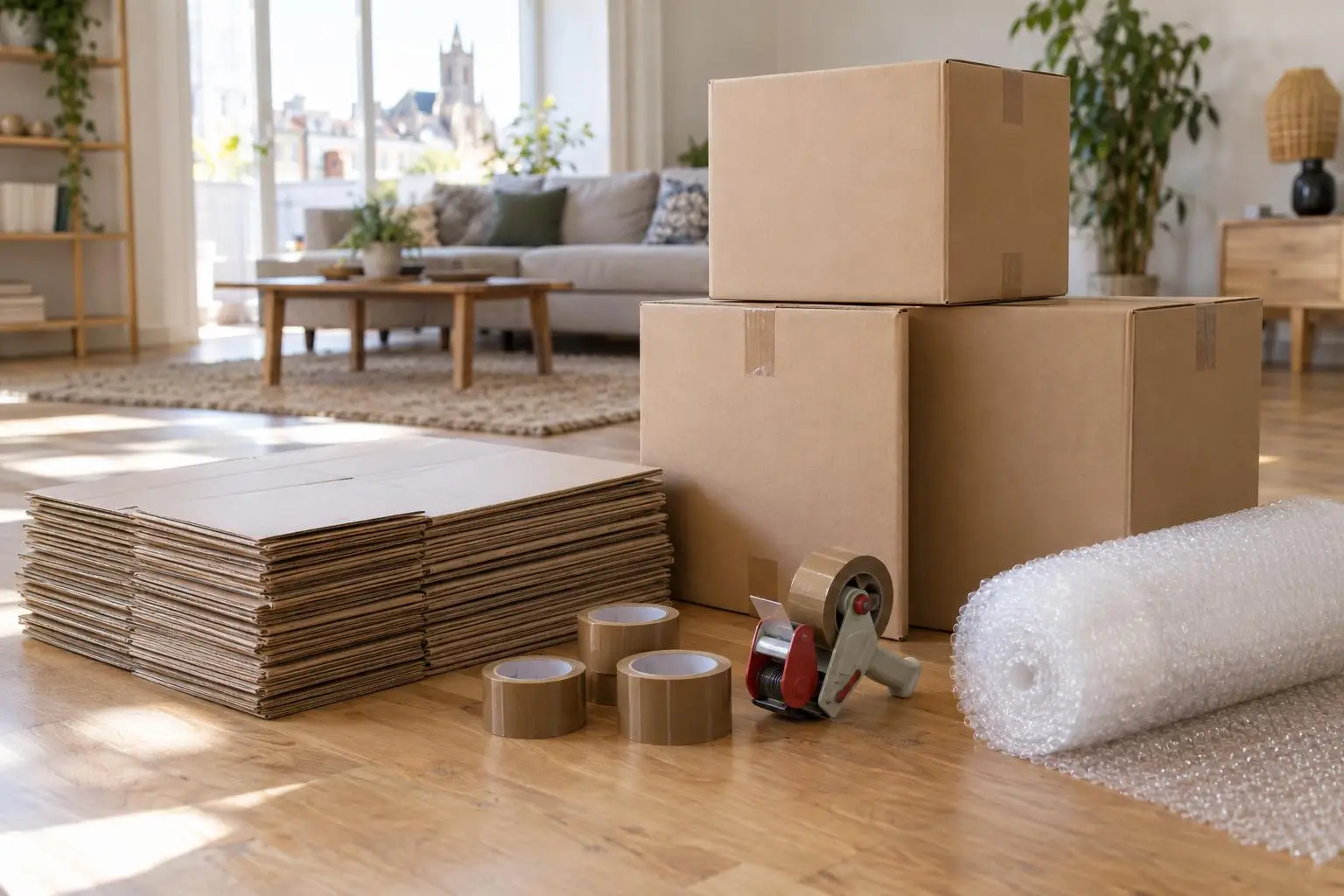 Cartons de déménagement neufs pliés à plat, adhésif et papier bulle