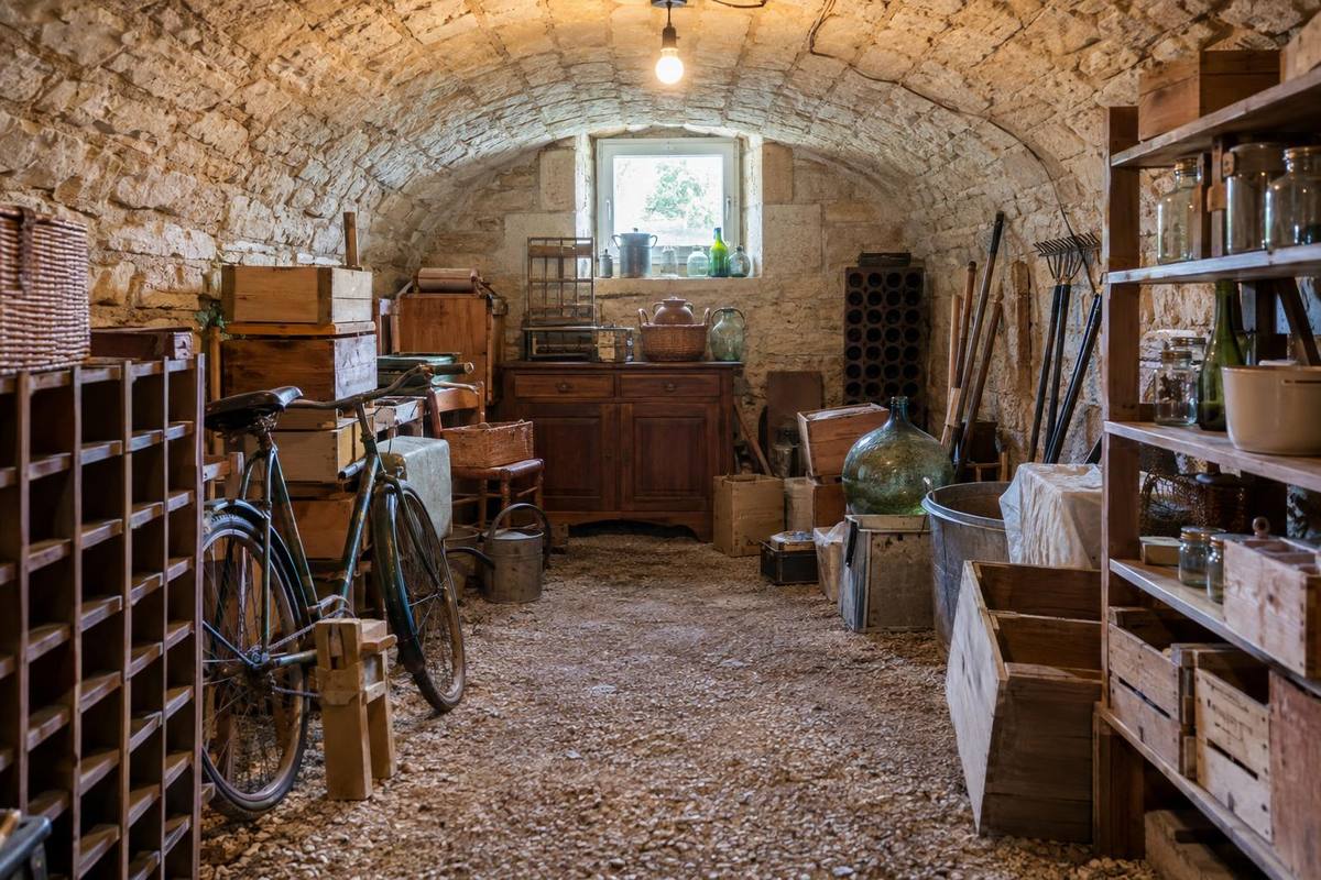 Cave voûtée en pierre encombrée de vieux meubles, casiers et cartons