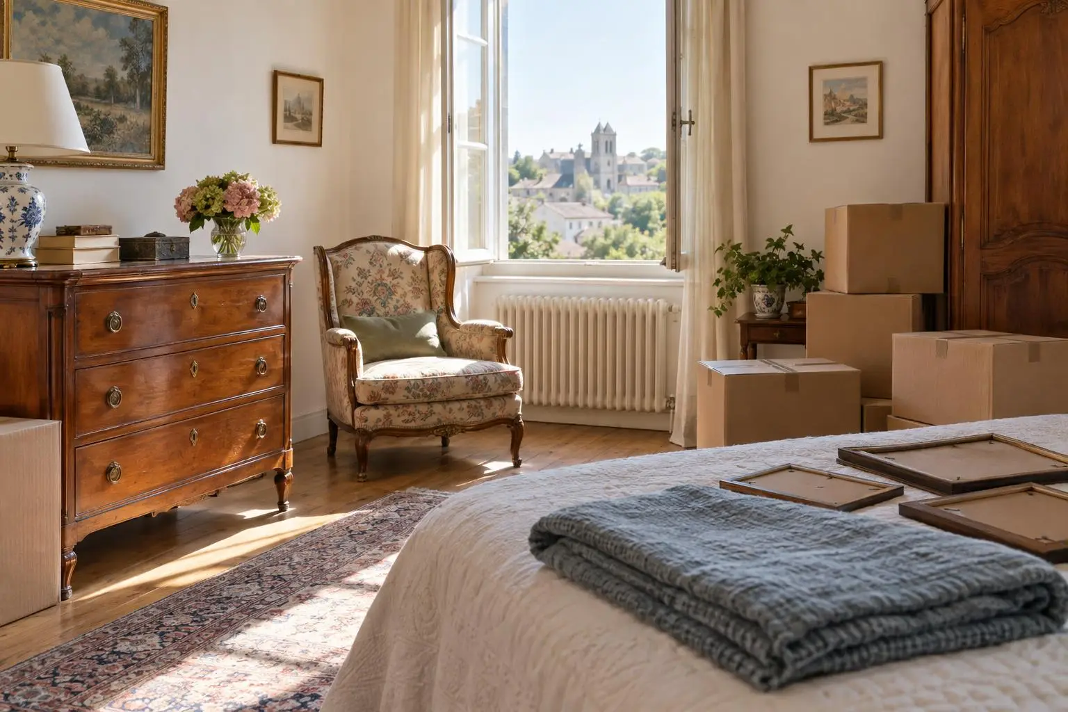 Chambre préparée pour une entrée en résidence seniors, cartons rangés