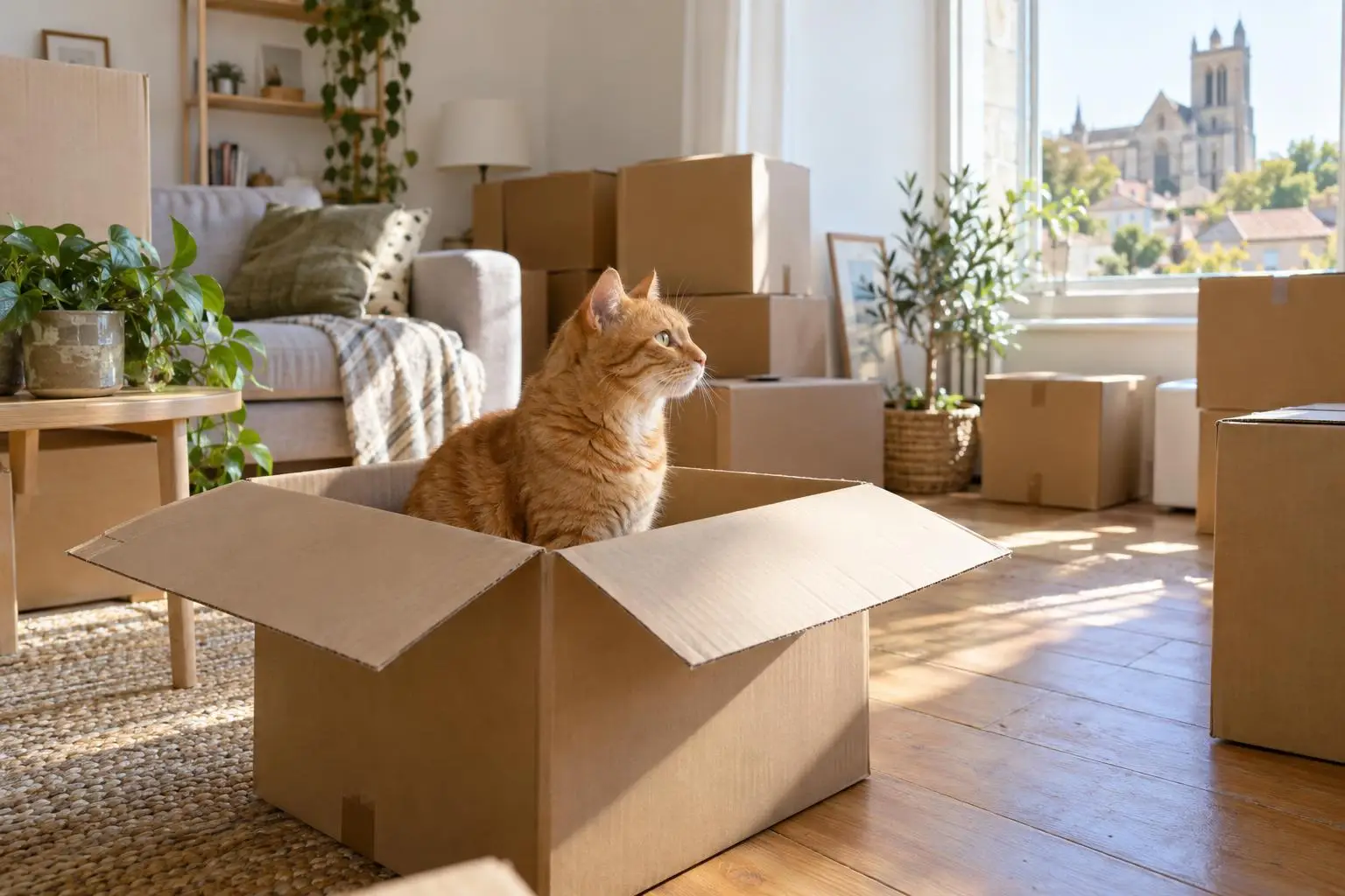 Chat roux assis dans un carton ouvert au milieu d'un salon en déménagement