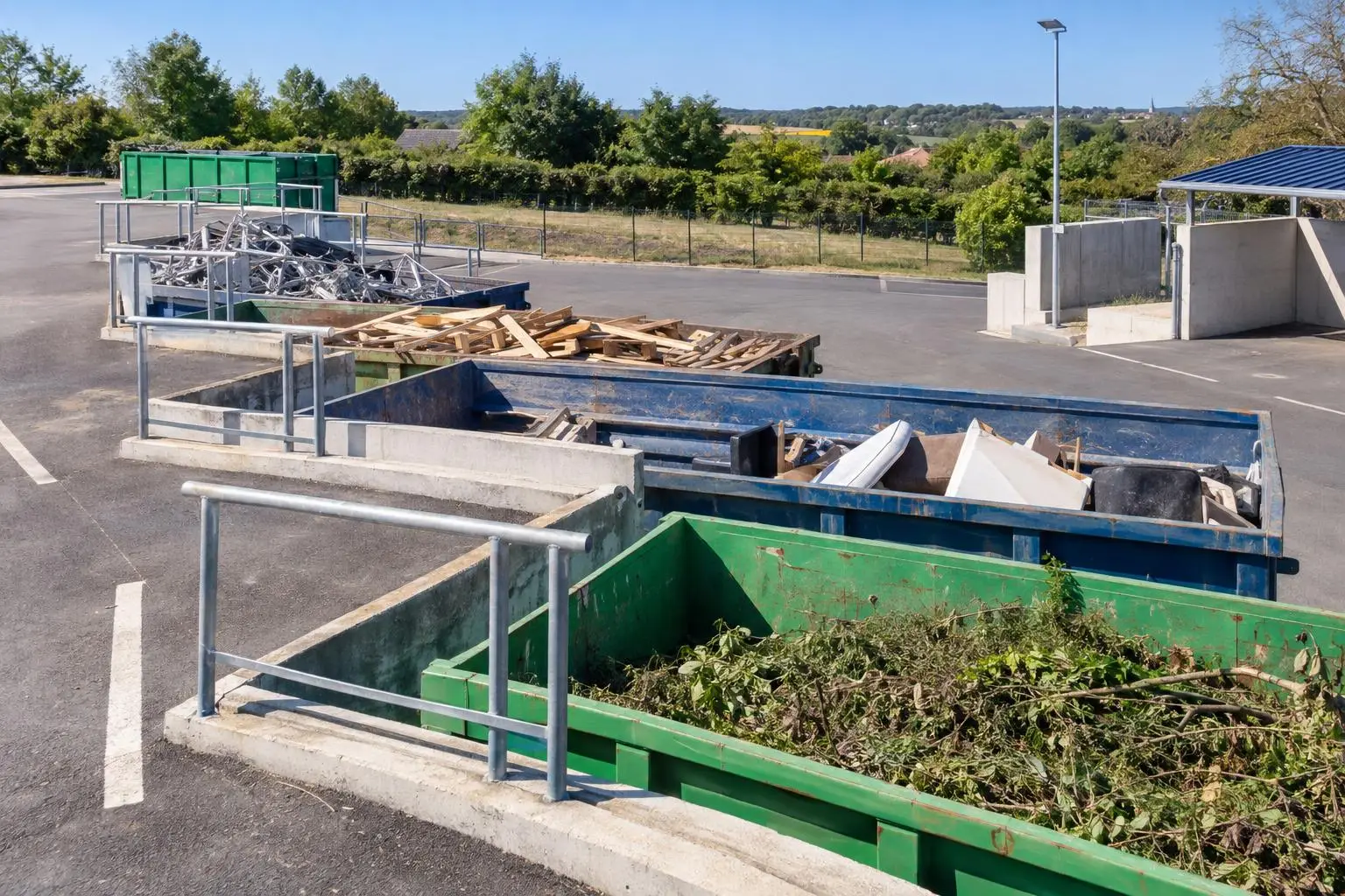Quai de déchetterie avec bennes de tri pour le bois, la ferraille et les déchets verts