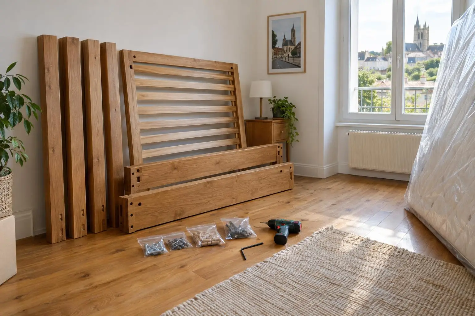 Lit en bois démonté, visserie en sachets et visseuse sur le parquet