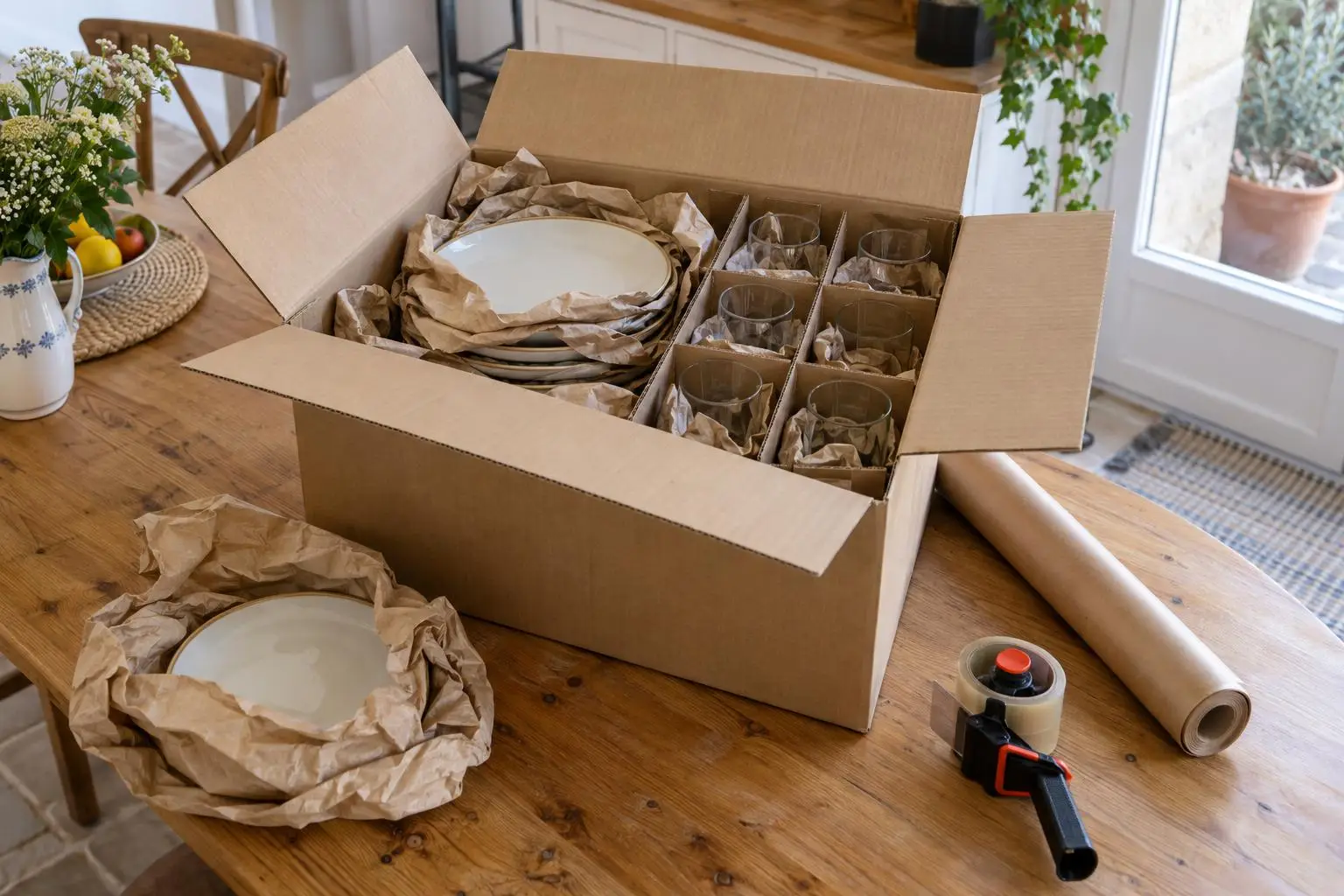 Assiettes emballées dans du papier kraft et verres en croisillons dans un carton