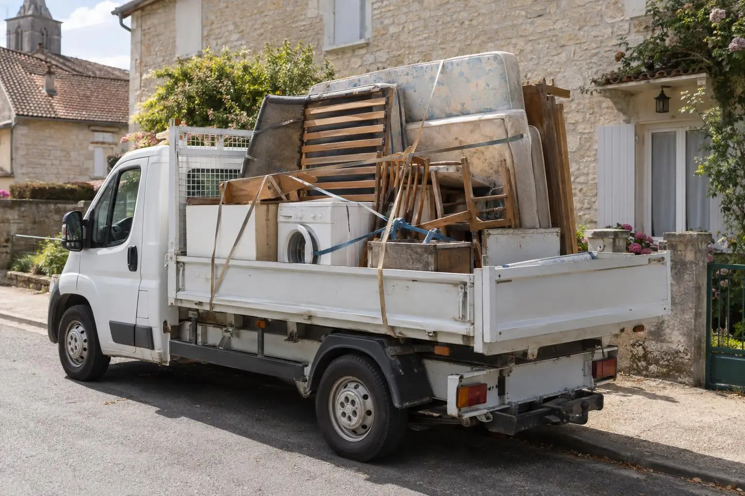 Camion plateau chargé de vieux matelas, chaises et électroménager