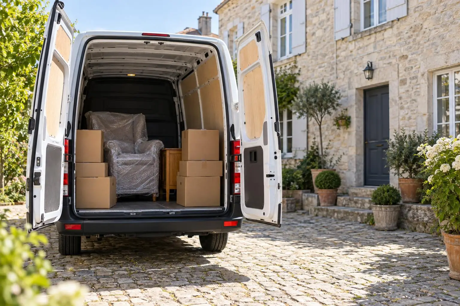 Fourgon utilitaire ouvert avec un fauteuil emballé et quelques cartons