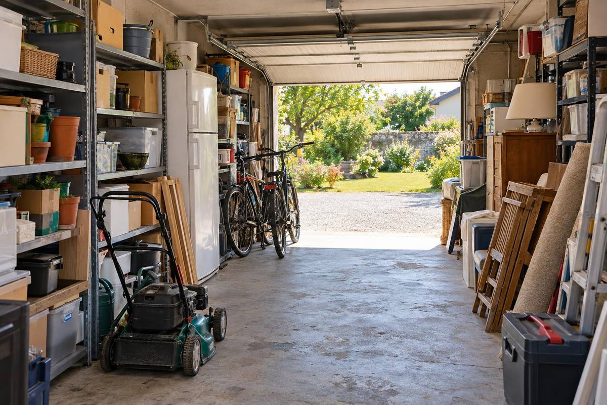 Garage encombré d'étagères, cartons, vélos et vieux réfrigérateur