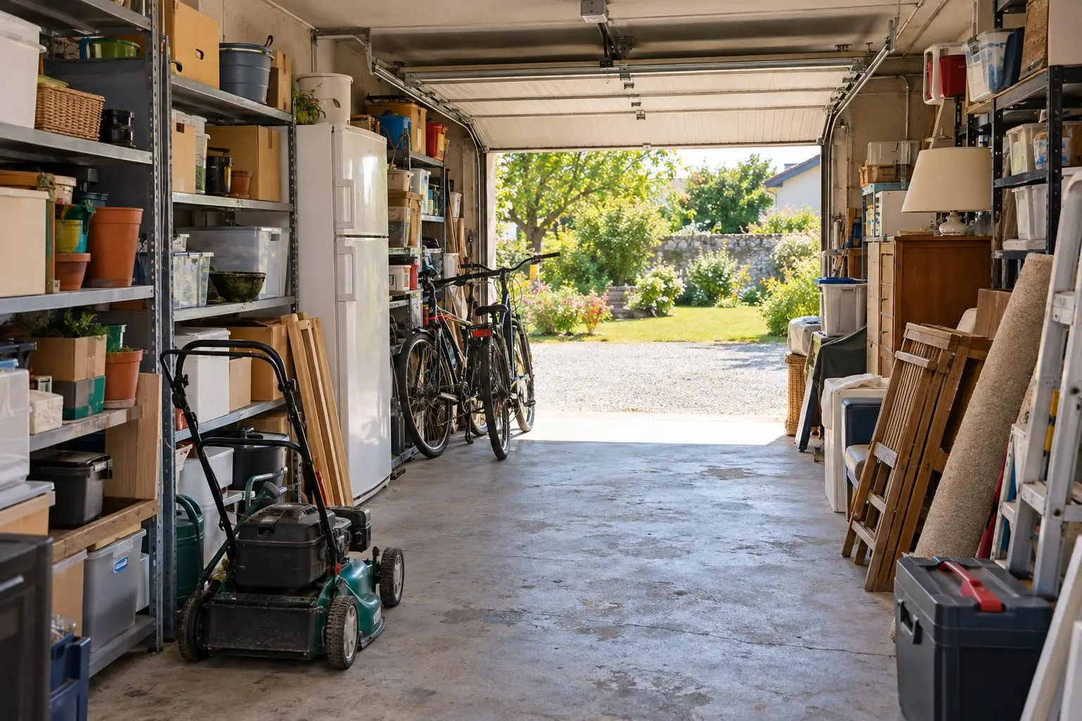Garage encombré d'étagères, cartons, vélos et vieux réfrigérateur