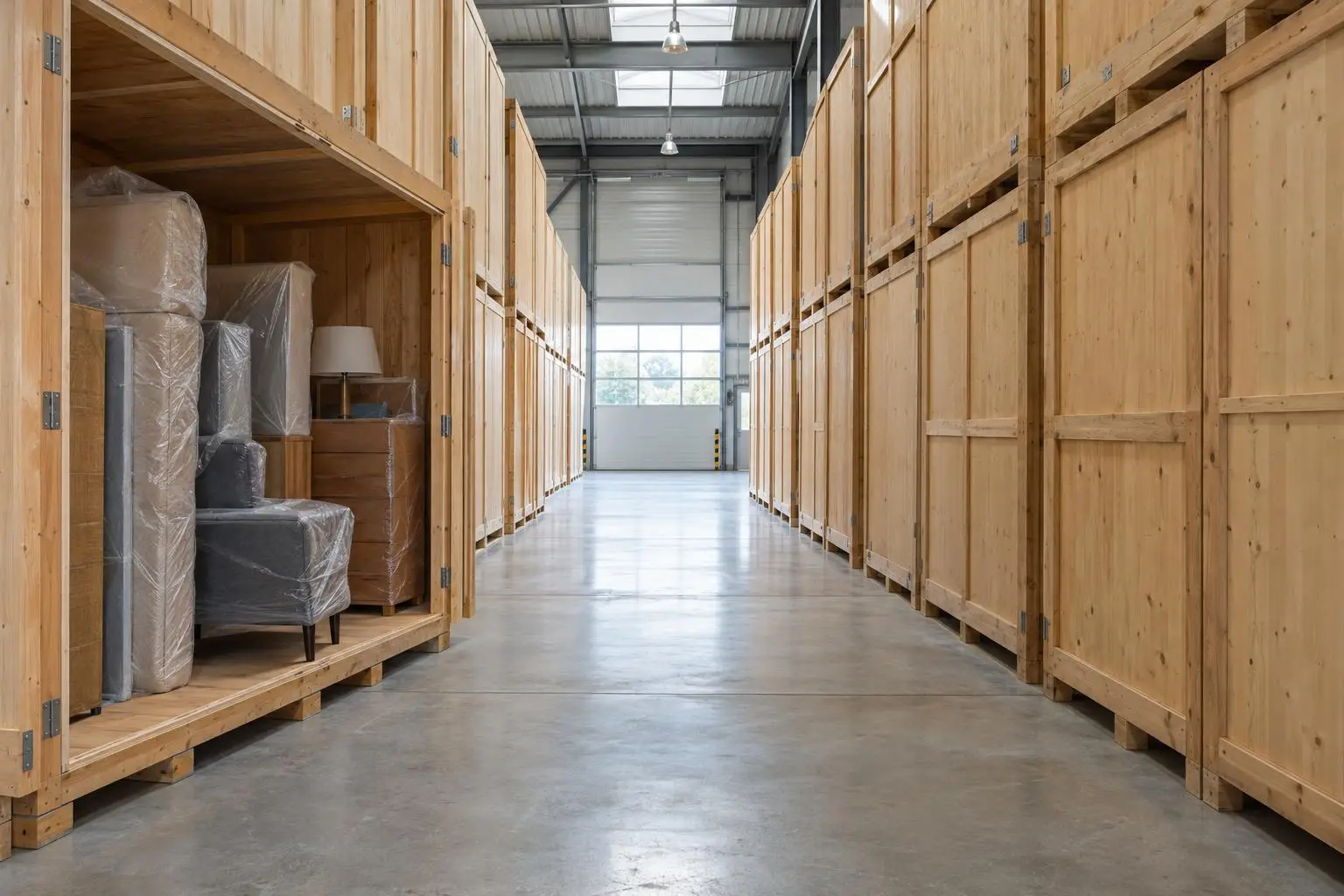 Allée d'un garde-meubles avec caissons de stockage en bois