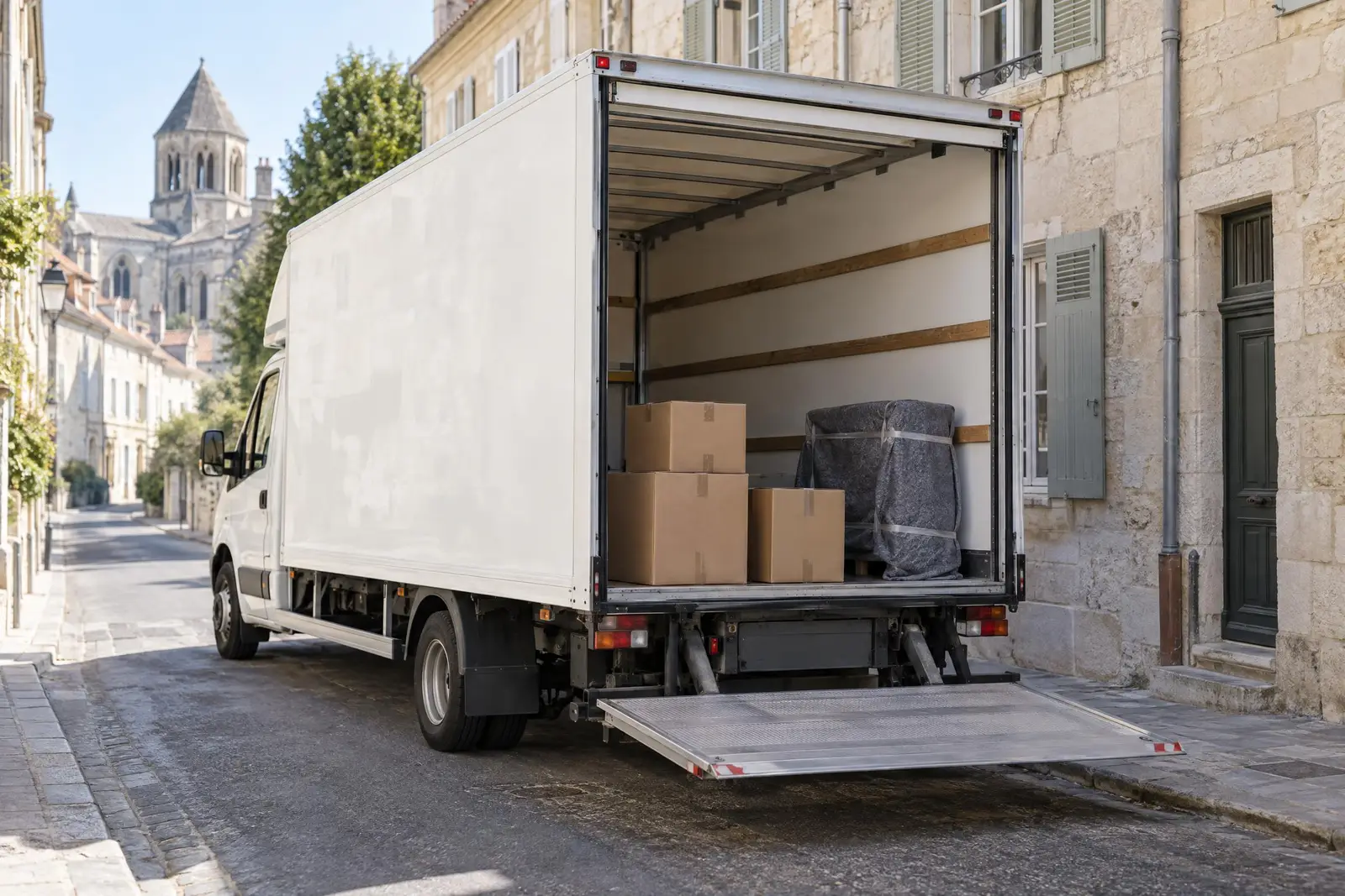 Camion de déménagement chargé de cartons, hayon baissé, dans une rue ancienne de Poitiers
