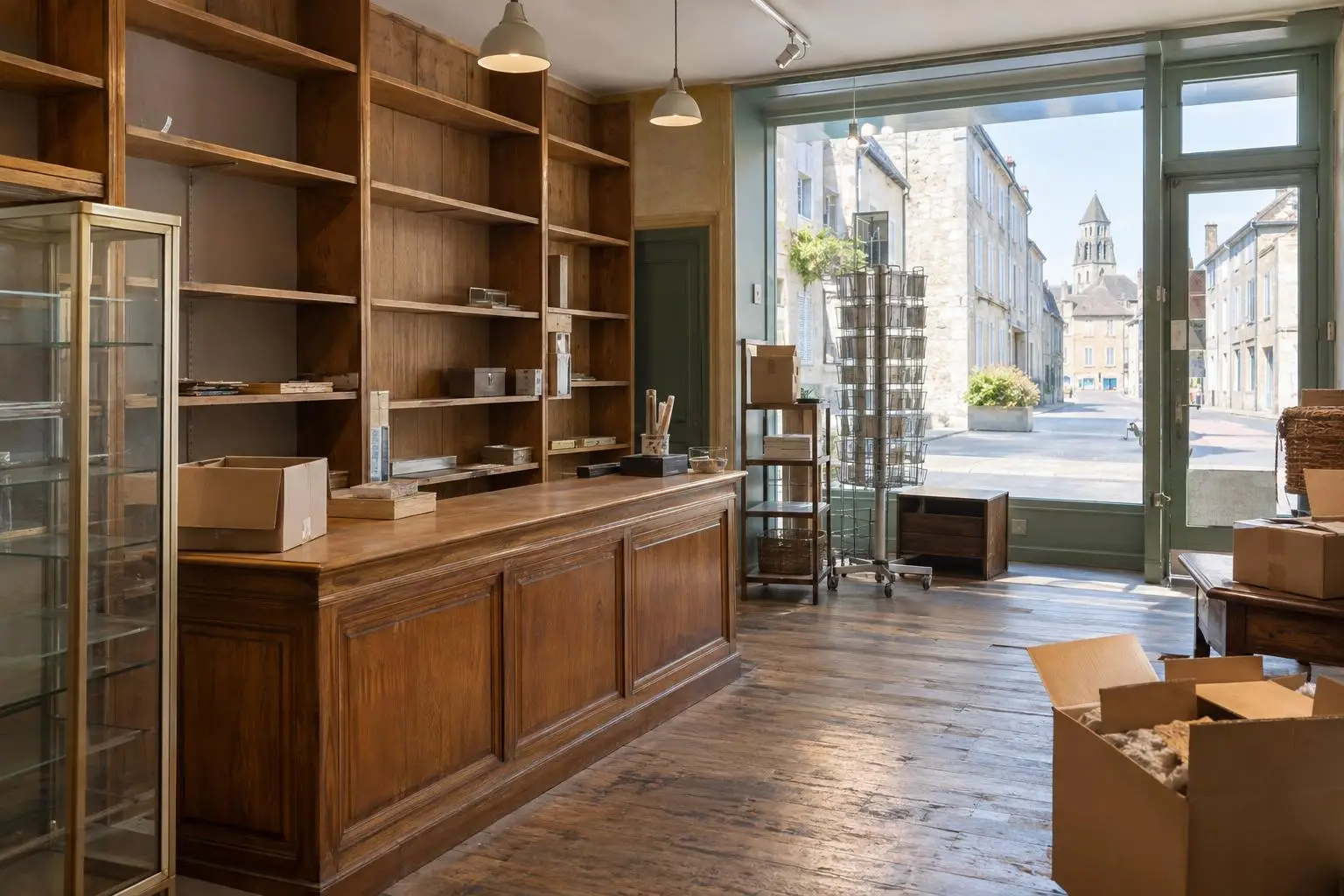 Ancienne boutique vide avec étagères en bois et comptoir, à débarrasser