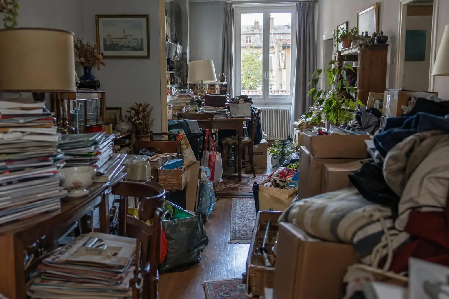 Pièce très encombrée de piles de journaux, sacs et cartons