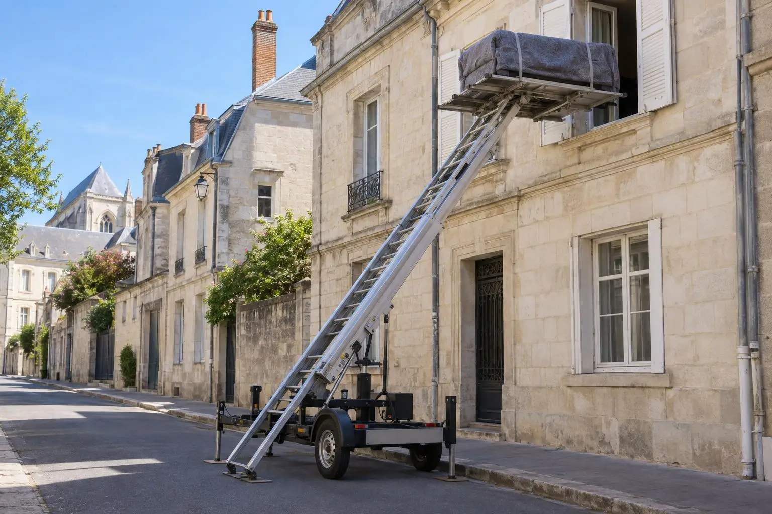 Monte-meuble déployé contre une façade de Poitiers, canapé emballé sur le plateau