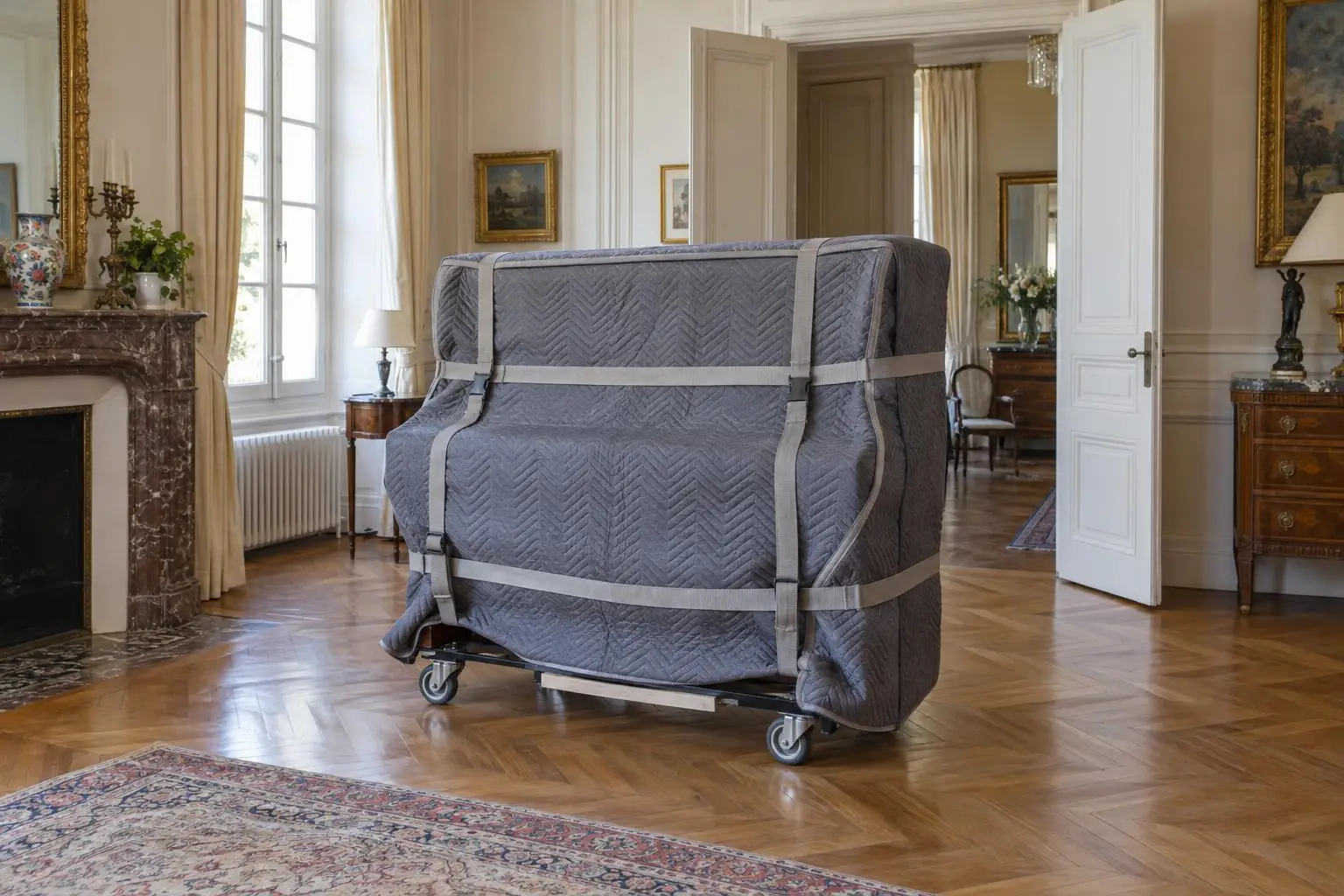 Piano droit protégé par des couvertures sur un chariot à piano