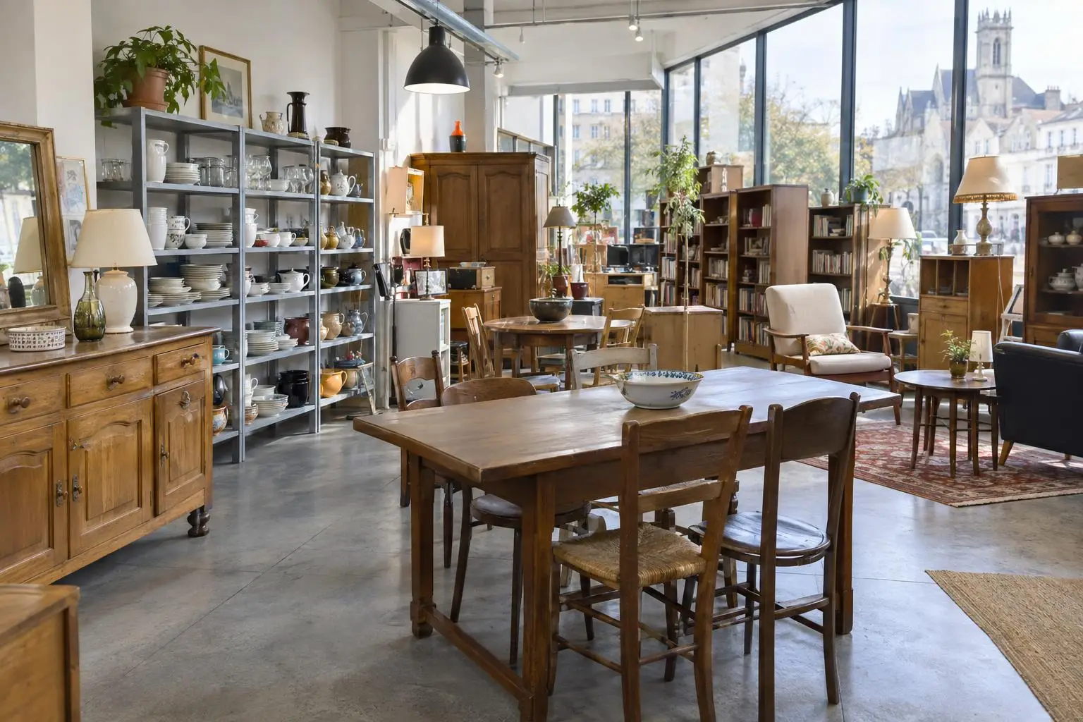 Intérieur d'une ressourcerie, meubles et vaisselle d'occasion