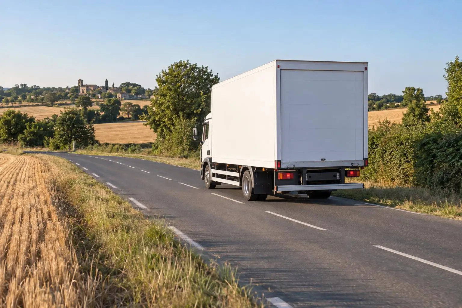 Camion de déménagement sur une route de campagne de la Vienne