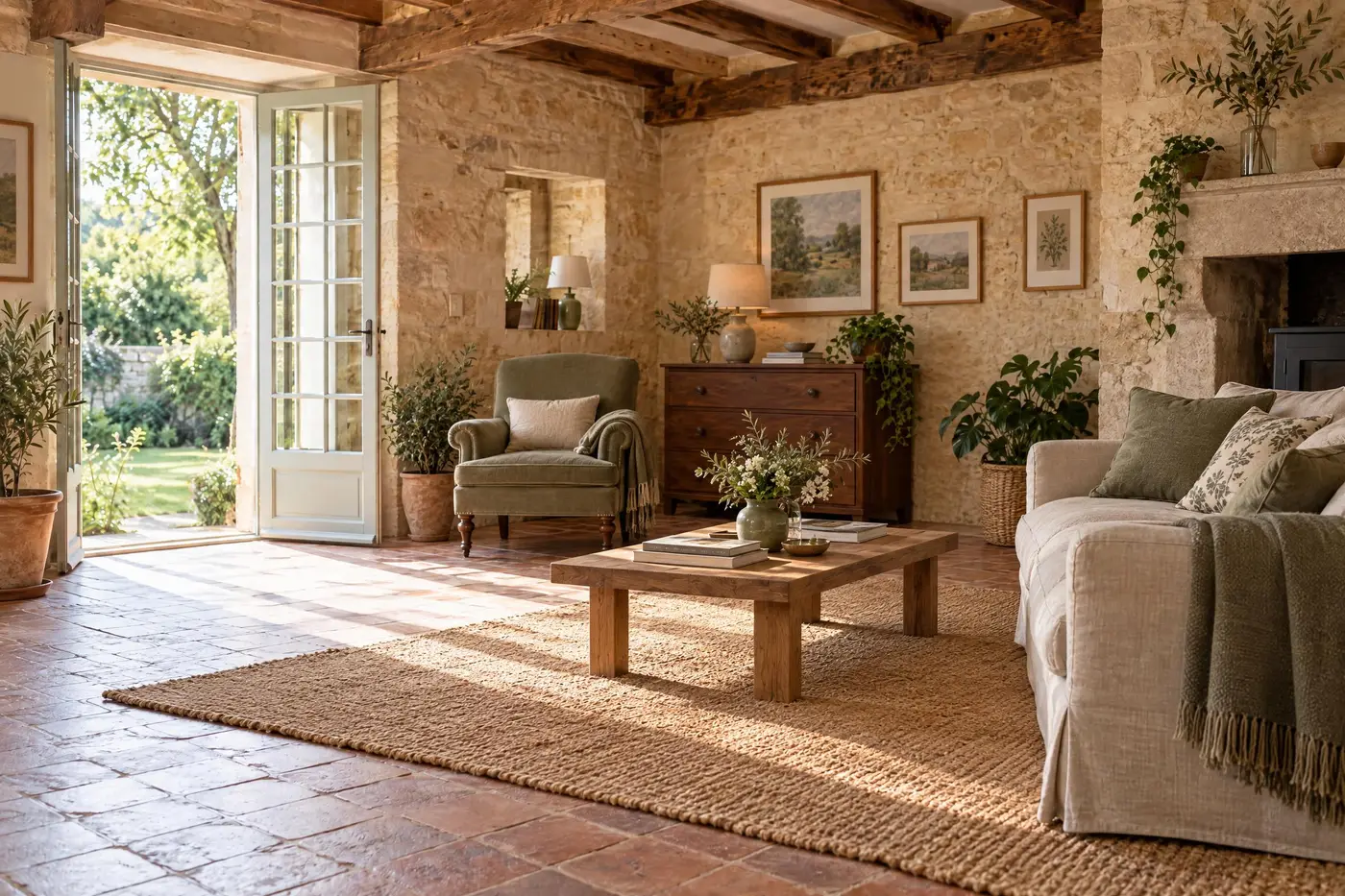 Séjour meublé d'une maison en pierre de la Vienne, avant le déménagement