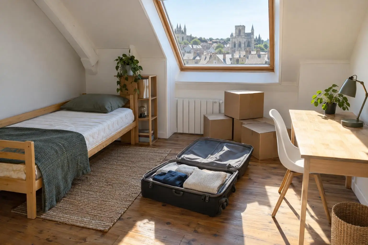 Studio d'étudiant mansardé, lit démonté, valise et cartons