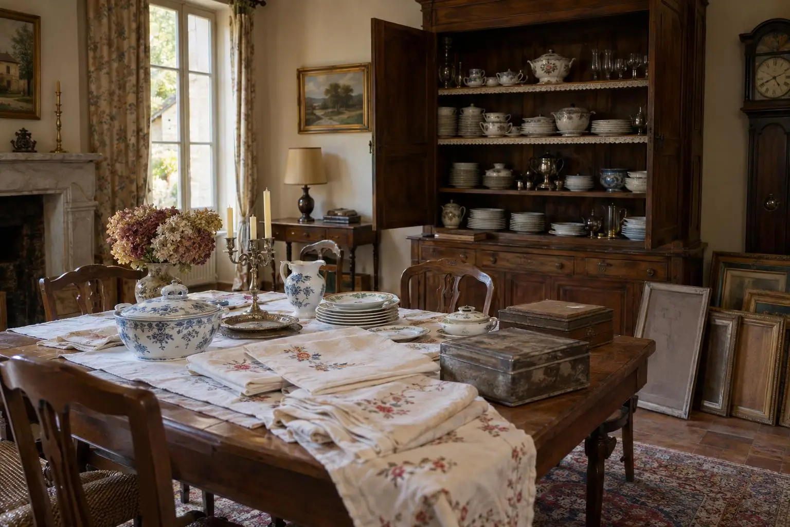 Salle à manger de famille, buffet ouvert, vaisselle et nappes à trier