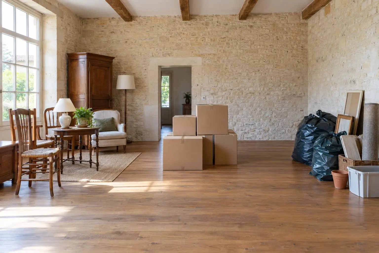 Pièce en pierre où les objets sont triés en meubles, cartons et sacs